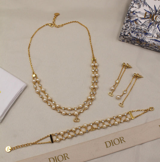 Dior logo Double chain full Set Necklace, earing & Bracelet