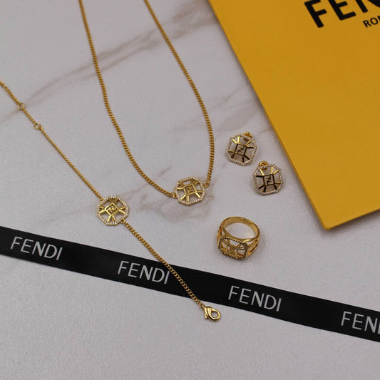 *FENDI* 💛  Double FF logo with Stone  Necklace, earring, Ring & bracelet